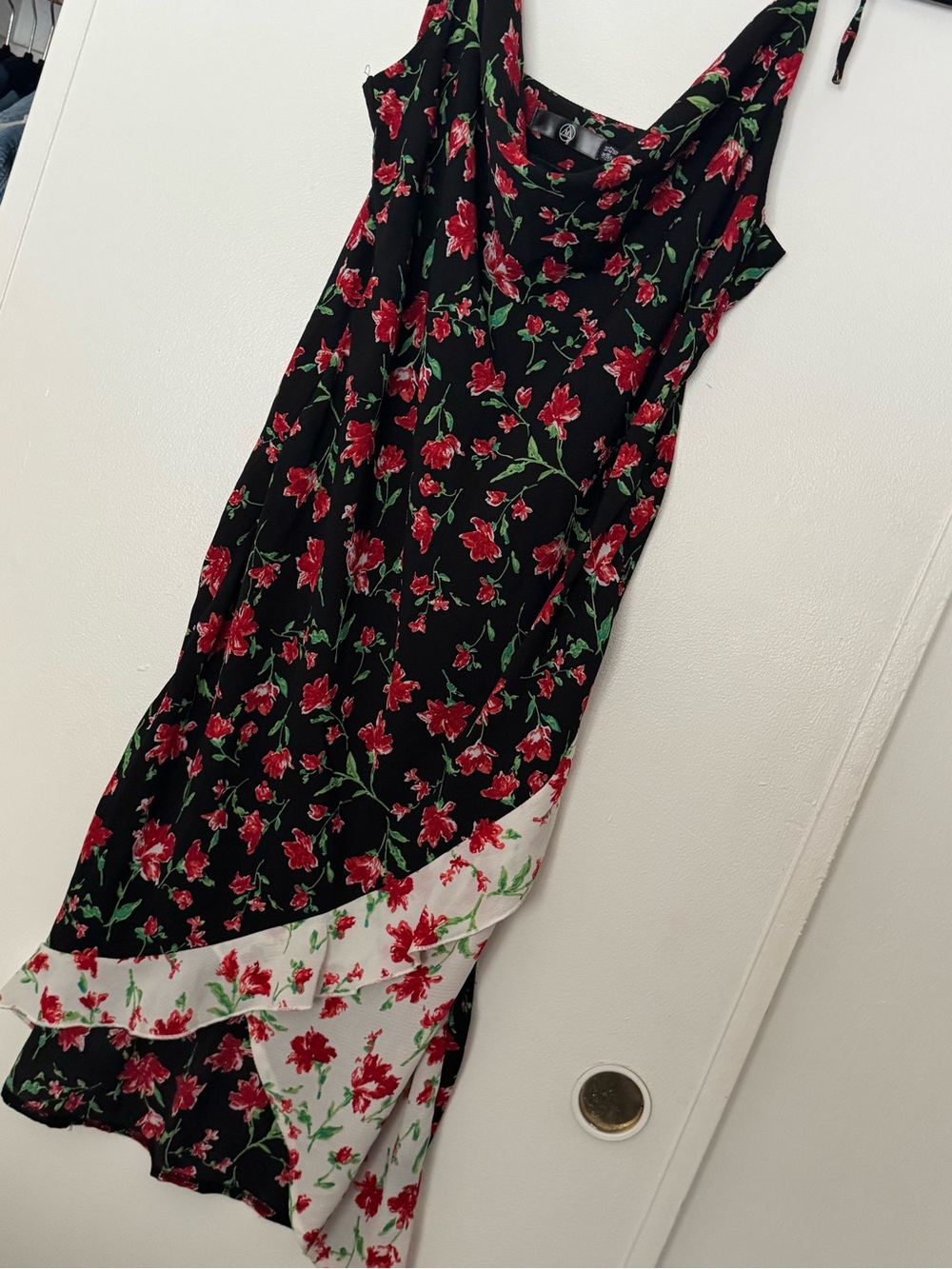 Missguided Black Floral Asymmetrical Dress with Red & Green Print